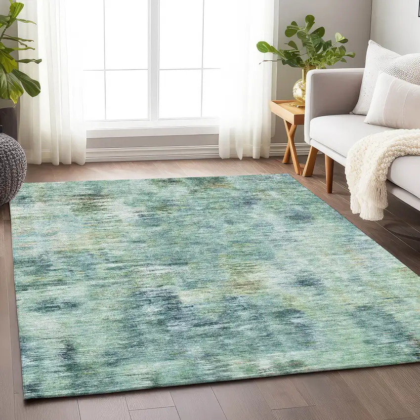 Teal Green And Ivory Abstract Washable Area Rug With UV Protection Photo 6