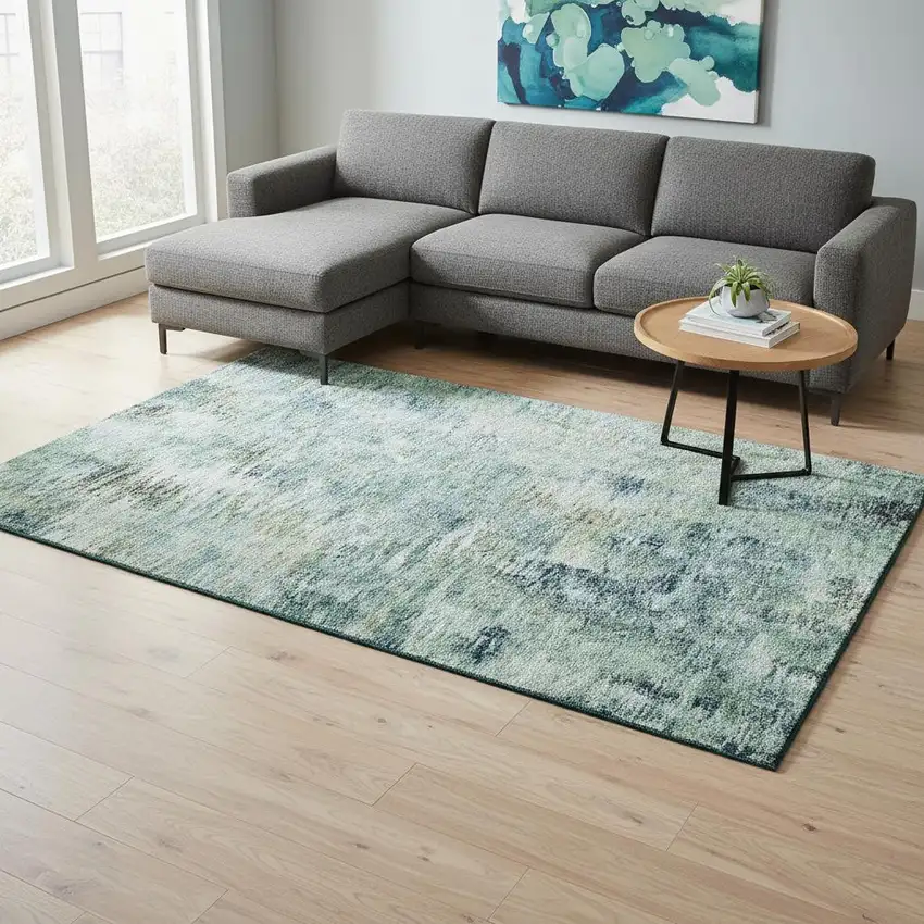 Teal Green And Ivory Abstract Washable Area Rug With UV Protection Photo 2