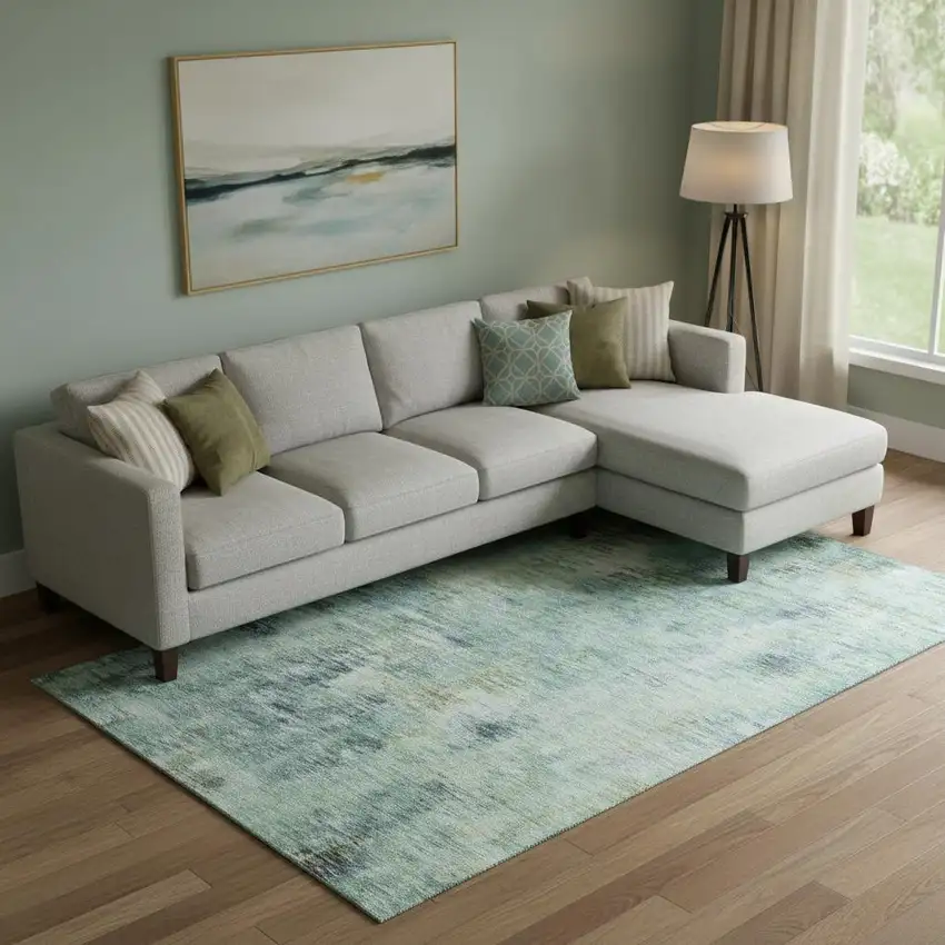 Teal Green And Ivory Abstract Washable Area Rug With UV Protection Photo 1