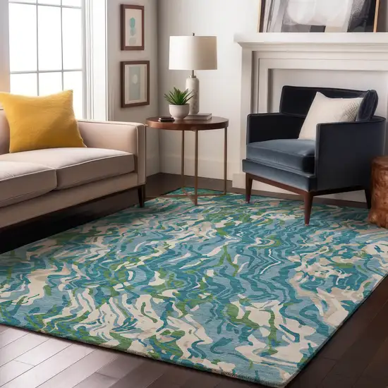 Teal Green And Ivory Abstract Washable Area Rug With UV Protection Photo 4