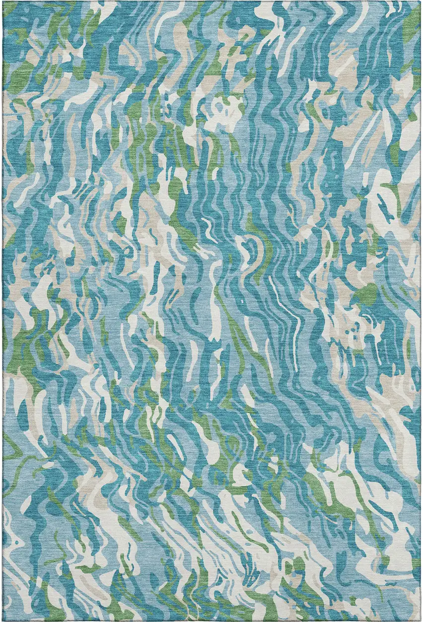 Teal Green And Ivory Abstract Washable Area Rug With UV Protection Photo 1