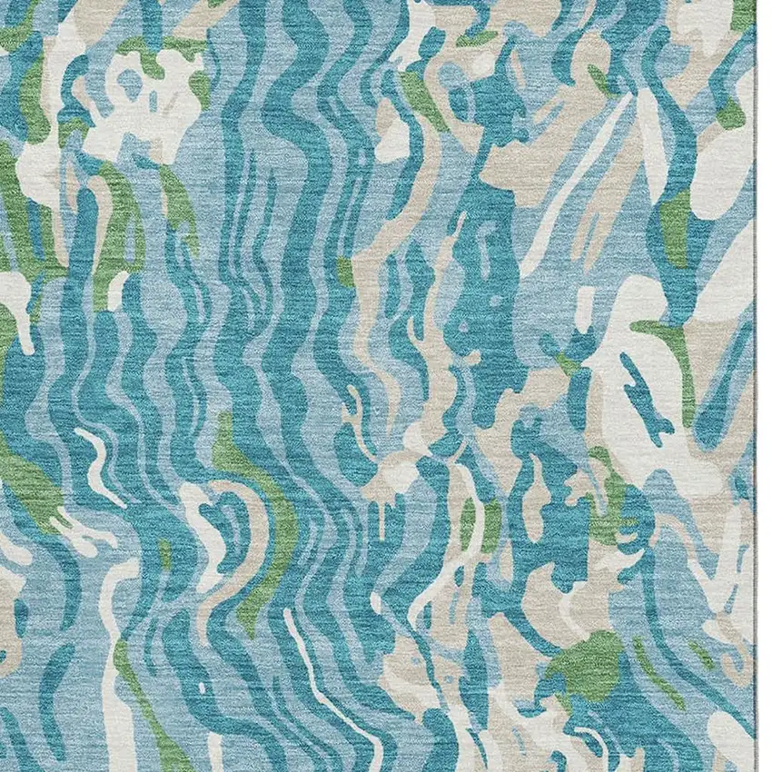 Teal Green And Ivory Abstract Washable Area Rug With UV Protection Photo 2