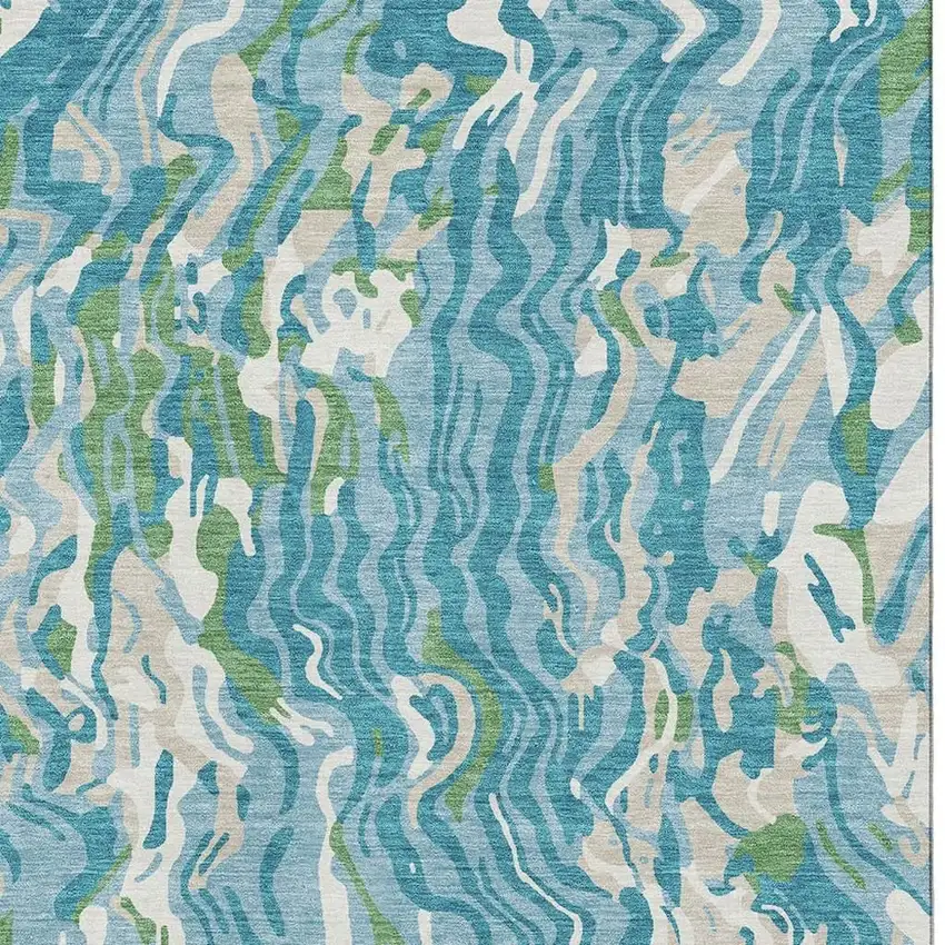 Teal Green And Ivory Abstract Washable Area Rug With UV Protection Photo 3