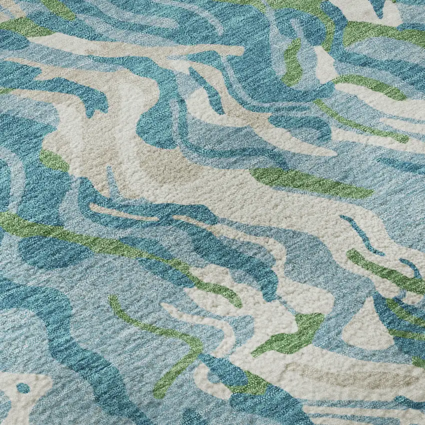 Teal Green And Ivory Abstract Washable Area Rug With UV Protection Photo 9