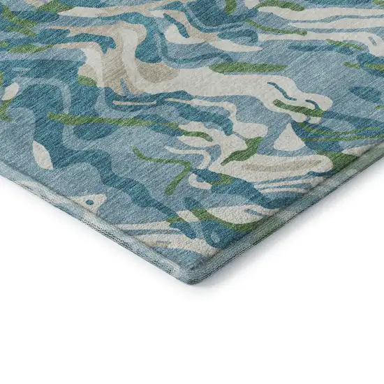Teal Green And Ivory Abstract Washable Area Rug With UV Protection Photo 7