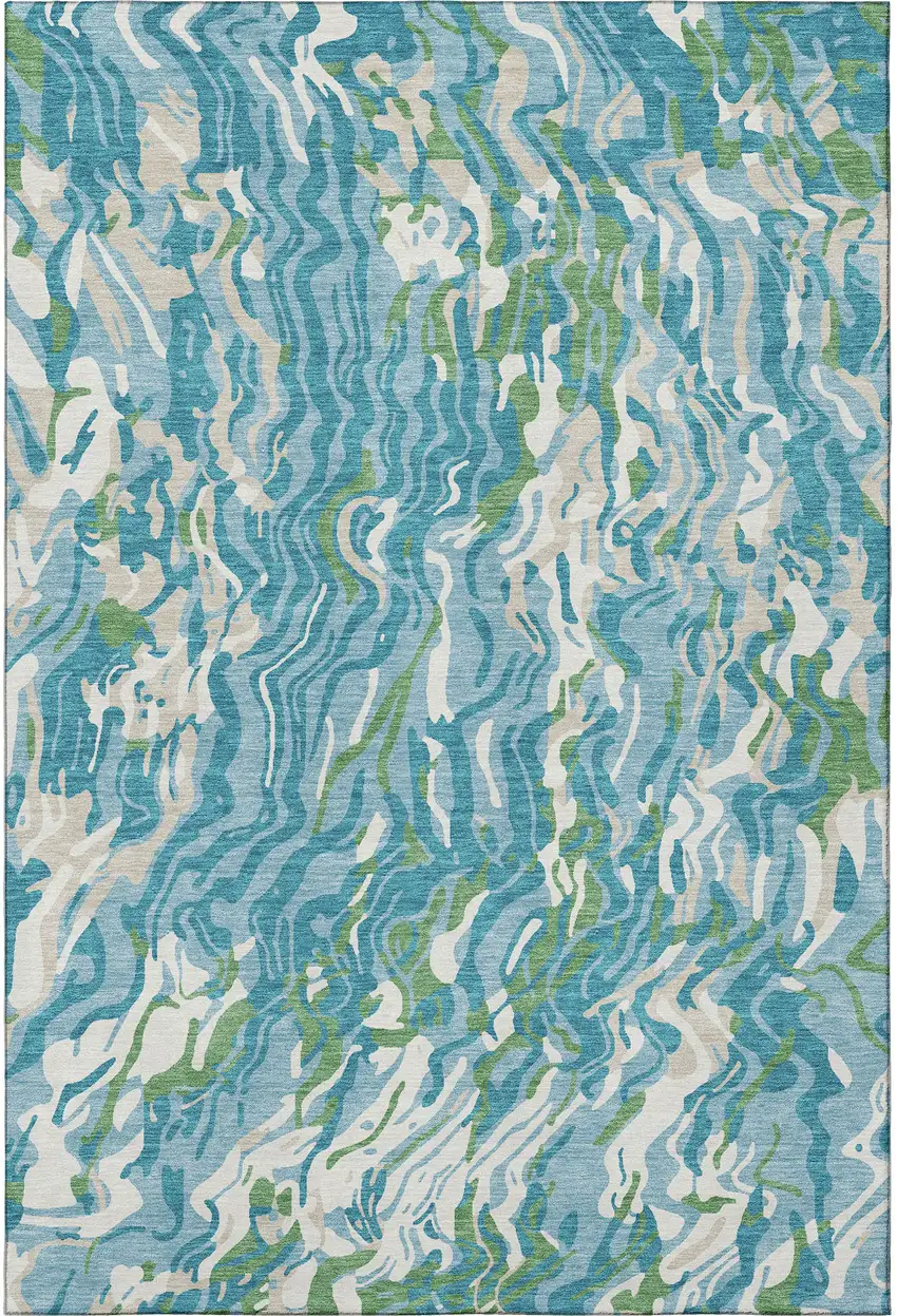 Teal Green And Ivory Abstract Washable Area Rug With UV Protection Photo 3