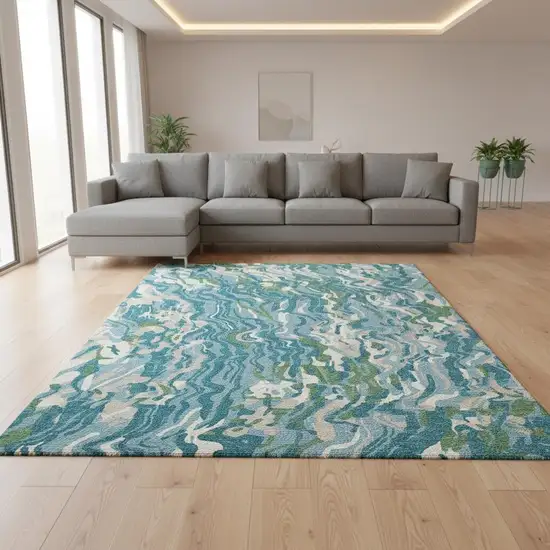 Teal Green And Ivory Abstract Washable Area Rug With UV Protection Photo 2