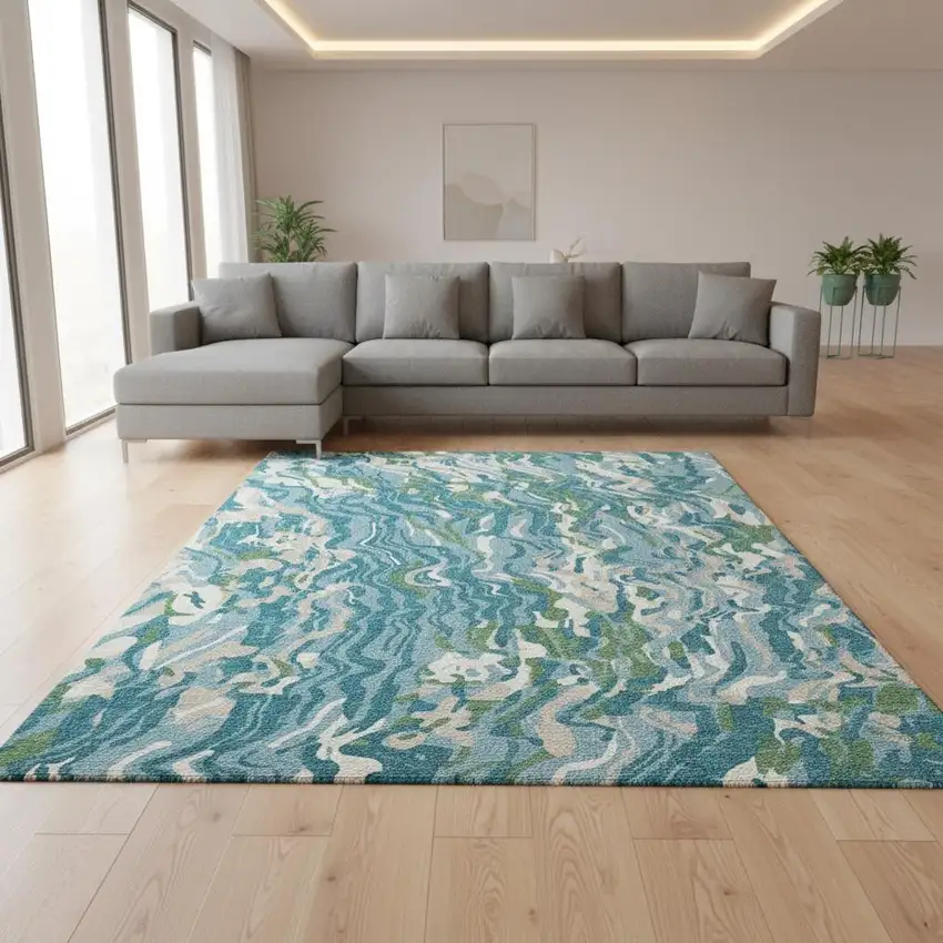 Teal Green And Ivory Abstract Washable Area Rug With UV Protection Photo 2