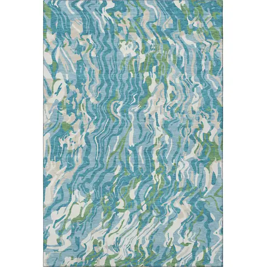 Teal Green And Ivory Abstract Washable Area Rug With UV Protection Photo 3