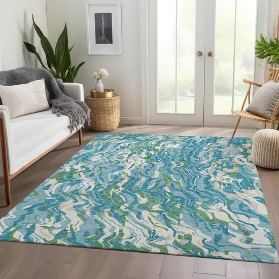 Teal Green And Ivory Abstract Washable Area Rug With UV Protection Photo 5