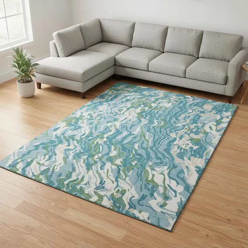 Teal Green And Ivory Abstract Washable Area Rug With UV Protection Photo 2