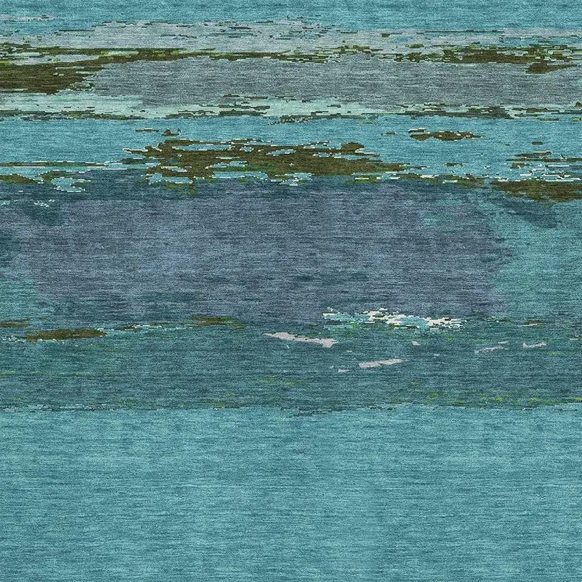 Teal Green And Ivory Abstract Washable Area Rug With UV Protection Photo 2