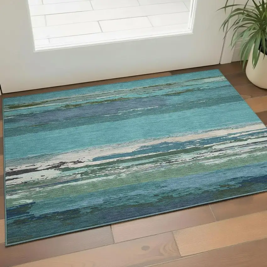 Teal Green And Ivory Abstract Washable Area Rug With UV Protection Photo 2