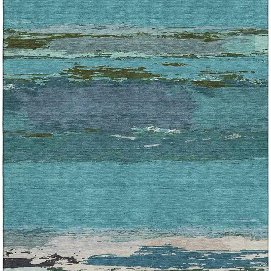 Teal Green And Ivory Abstract Washable Area Rug With UV Protection Photo 3