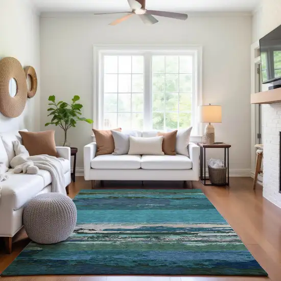 Teal Green And Ivory Abstract Washable Area Rug With UV Protection Photo 5
