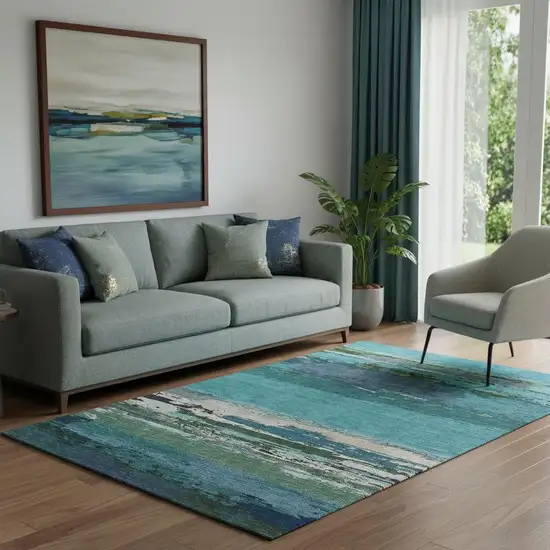 Teal Green And Ivory Abstract Washable Area Rug With UV Protection Photo 2