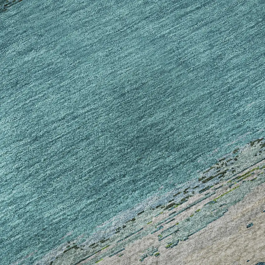 Teal Green And Ivory Abstract Washable Area Rug With UV Protection Photo 9