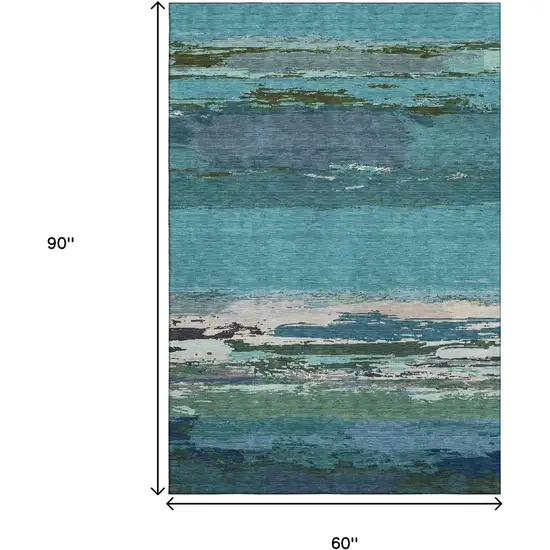 Teal Green And Ivory Abstract Washable Area Rug With UV Protection Photo 6