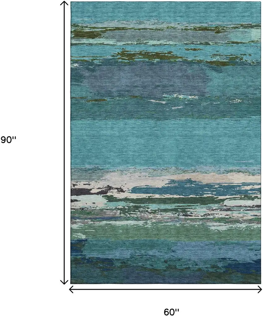 Teal Green And Ivory Abstract Washable Area Rug With UV Protection Photo 6