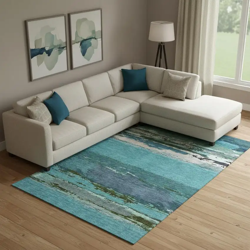 Teal Green And Ivory Abstract Washable Area Rug With UV Protection Photo 2