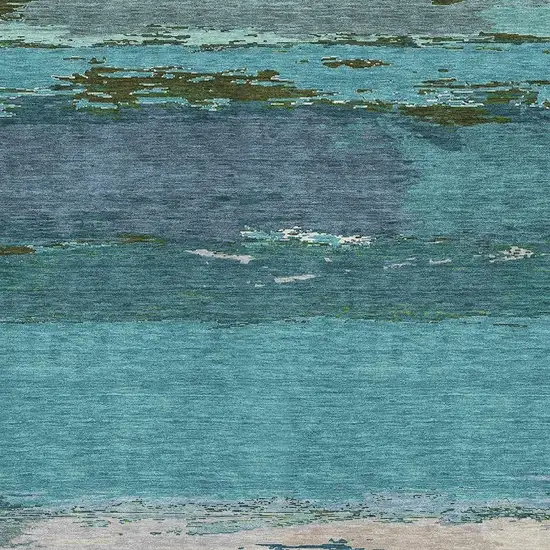Teal Green And Ivory Abstract Washable Area Rug With UV Protection Photo 2