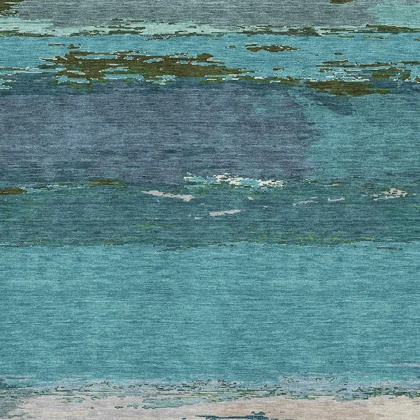 Teal Green And Ivory Abstract Washable Area Rug With UV Protection Photo 2