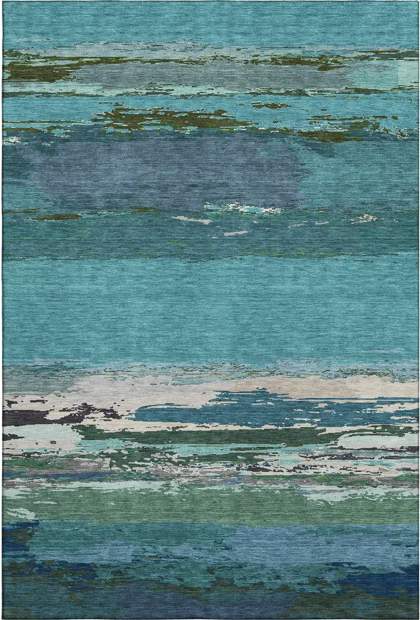 Teal Green And Ivory Abstract Washable Area Rug With UV Protection Photo 1