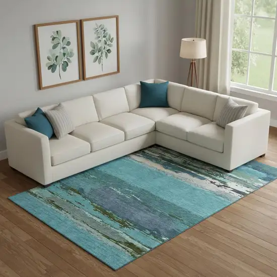 Teal Green And Ivory Abstract Washable Area Rug With UV Protection Photo 2