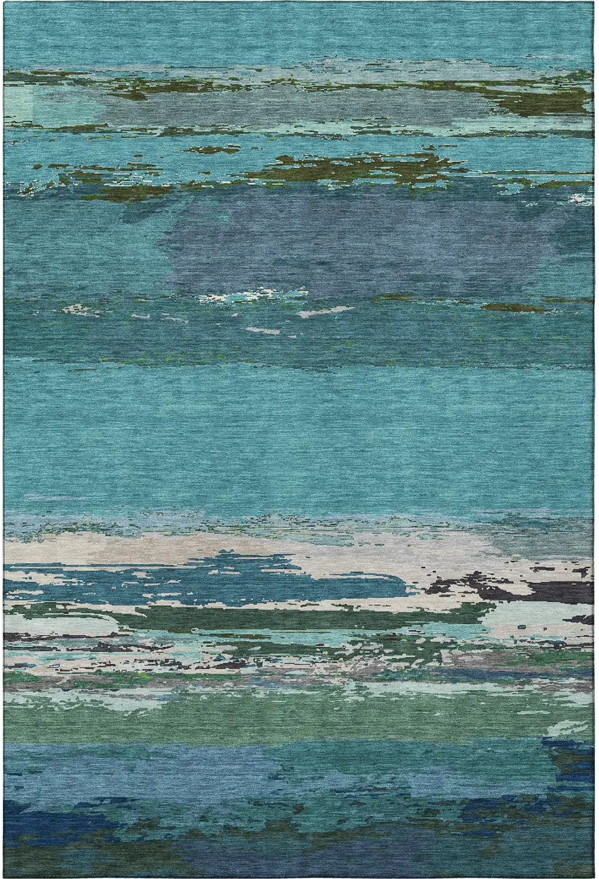 Teal Green And Ivory Abstract Washable Area Rug With UV Protection Photo 3