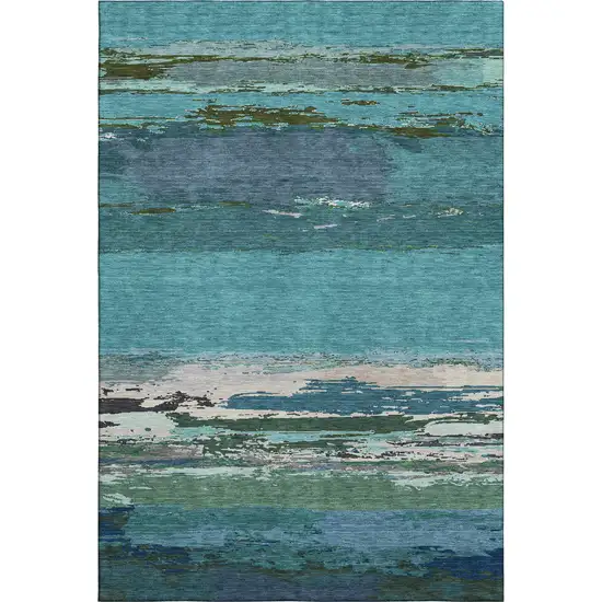 Teal Green And Ivory Abstract Washable Area Rug With UV Protection Photo 1