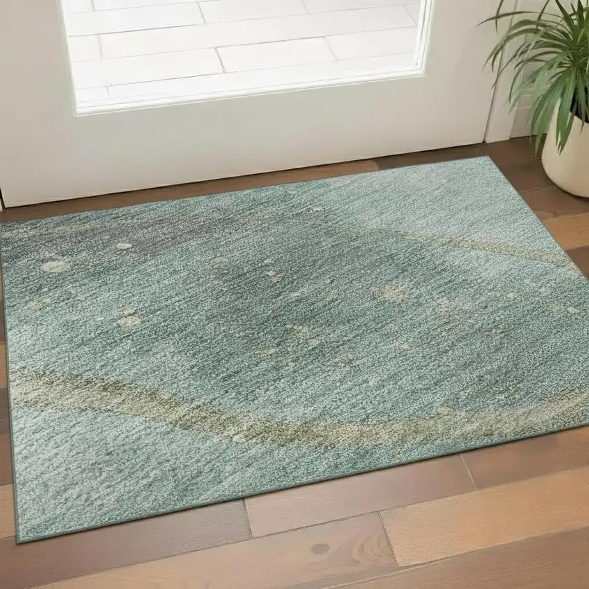 Teal Green And Ivory Abstract Washable Area Rug With UV Protection Photo 2