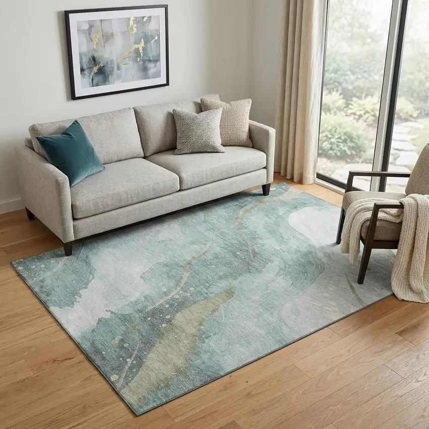 Teal Green And Ivory Abstract Washable Area Rug With UV Protection Photo 1