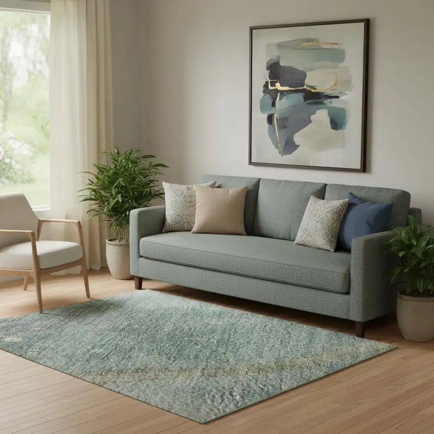 Teal Green And Ivory Abstract Washable Area Rug With UV Protection Photo 2