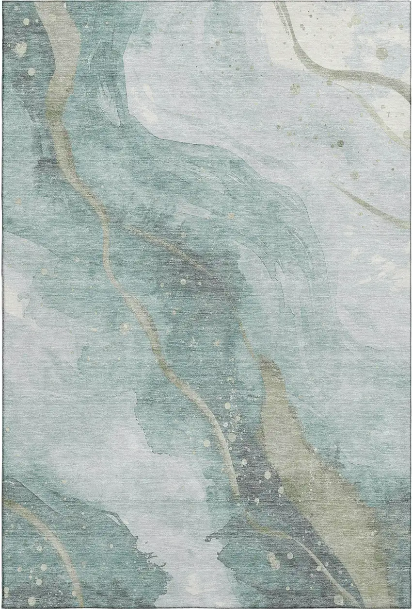 Teal Green And Ivory Abstract Washable Area Rug With UV Protection Photo 5