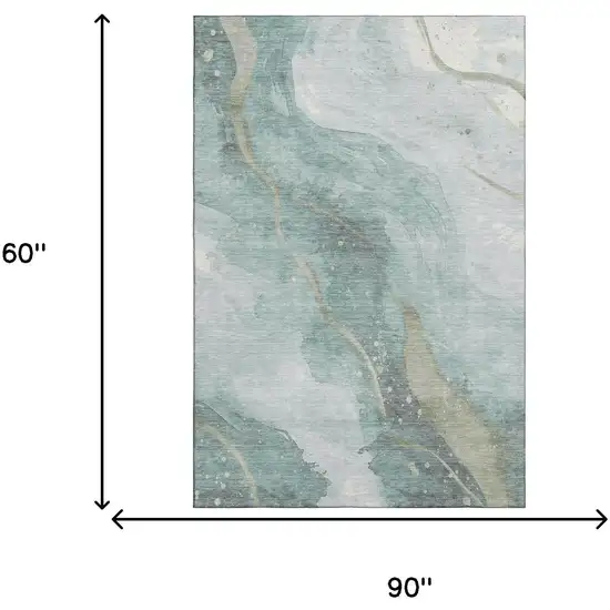 Teal Green And Ivory Abstract Washable Area Rug With UV Protection Photo 7