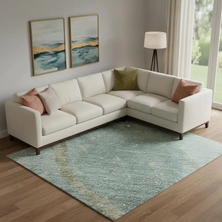 Teal Green And Ivory Abstract Washable Area Rug With UV Protection Photo 2