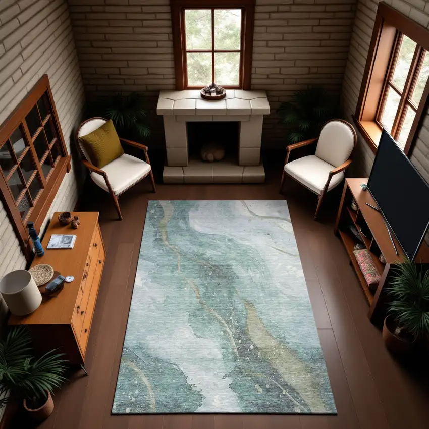 Teal Green And Ivory Abstract Washable Area Rug With UV Protection Photo 4