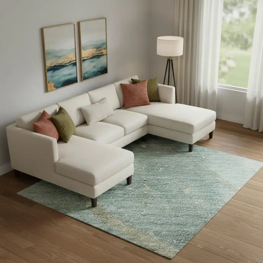 Teal Green And Ivory Abstract Washable Area Rug With UV Protection Photo 1