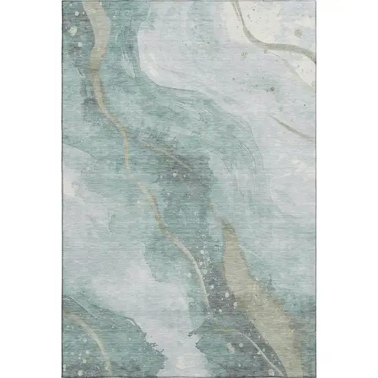 Teal Green And Ivory Abstract Washable Area Rug With UV Protection Photo 6