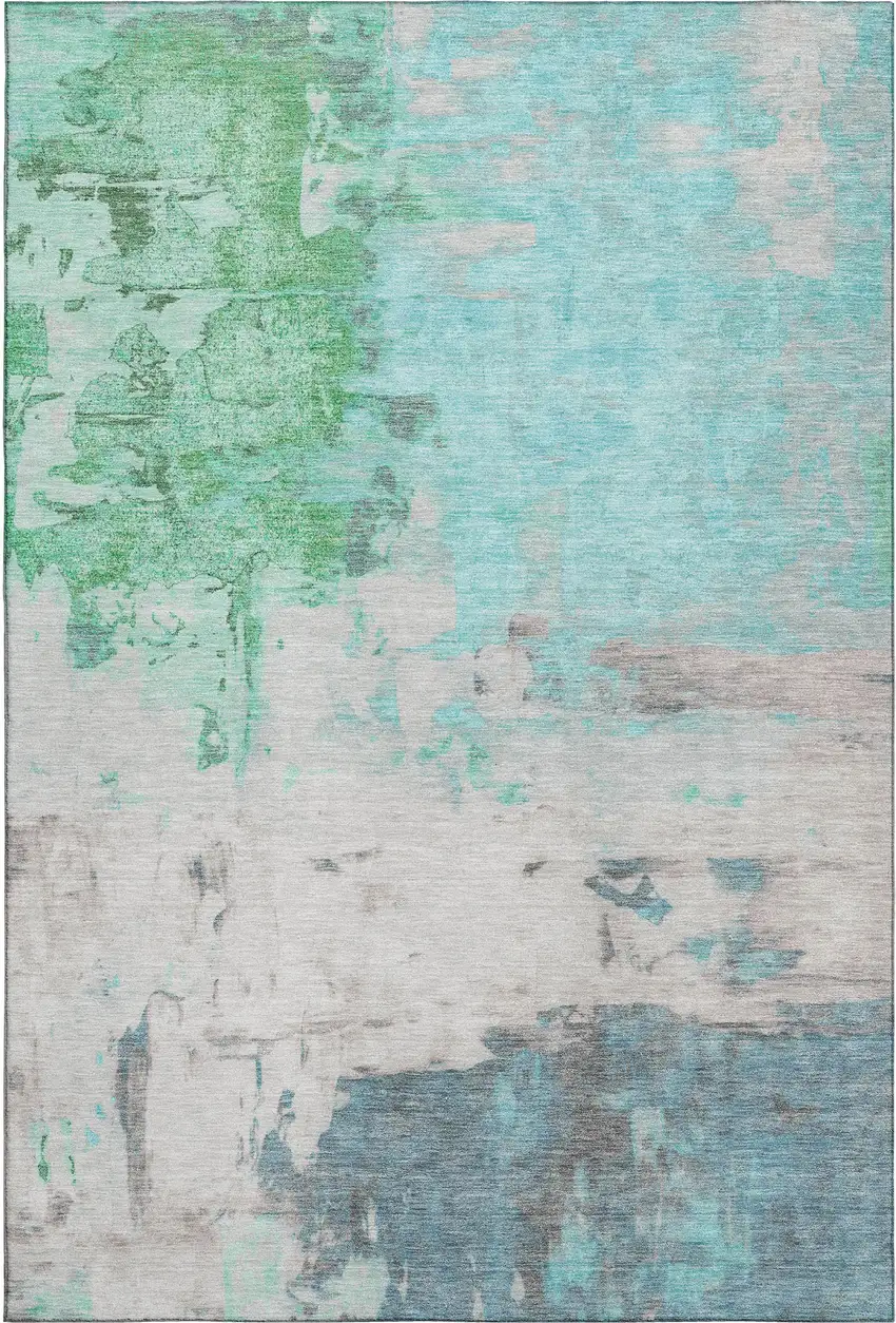 Teal Green And Ivory Abstract Washable Area Rug With UV Protection Photo 1
