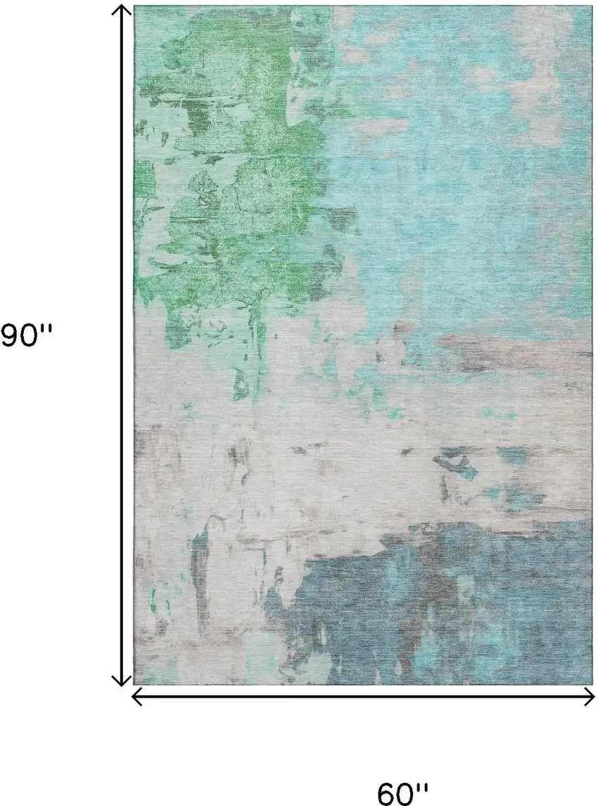 Teal Green And Ivory Abstract Washable Area Rug With UV Protection Photo 9