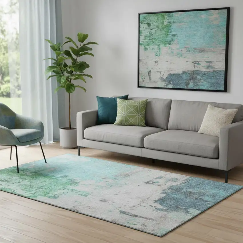 Teal Green And Ivory Abstract Washable Area Rug With UV Protection Photo 2