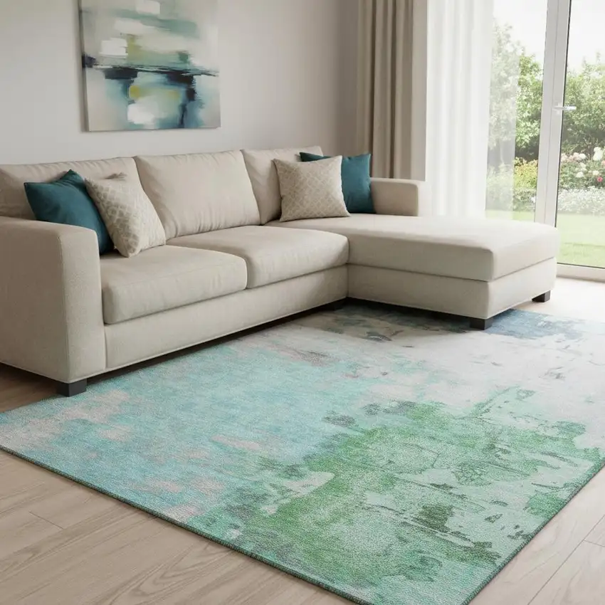 Teal Green And Ivory Abstract Washable Area Rug With UV Protection Photo 1