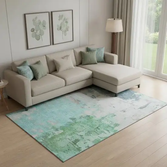 Teal Green And Ivory Abstract Washable Area Rug With UV Protection Photo 2