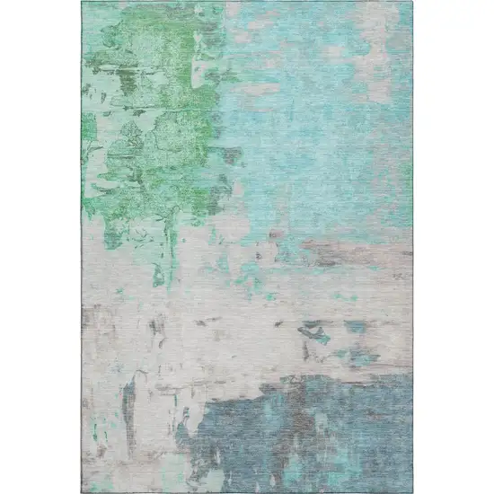 Teal Green And Ivory Abstract Washable Area Rug With UV Protection Photo 1