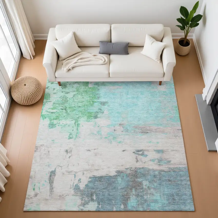 Teal Green And Ivory Abstract Washable Area Rug With UV Protection Photo 5