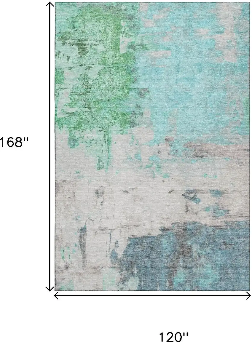 Teal Green And Ivory Abstract Washable Area Rug With UV Protection Photo 9