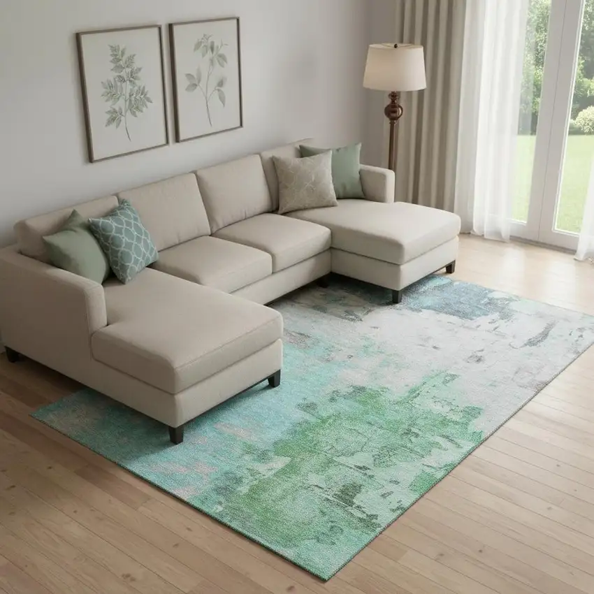 Teal Green And Ivory Abstract Washable Area Rug With UV Protection Photo 2