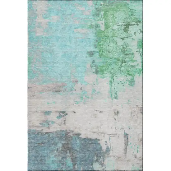 Teal Green And Ivory Abstract Washable Area Rug With UV Protection Photo 4