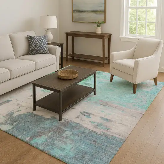 Teal Green And Ivory Abstract Washable Area Rug With UV Protection Photo 6